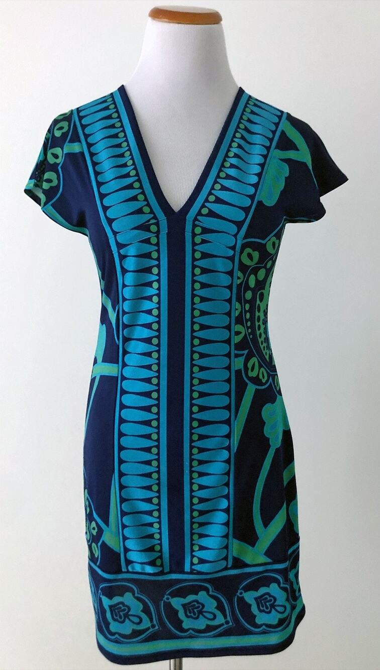 Banana Republic Blue Green Mini Sheath V-neck Dress, Cap Sleeve, PXXS